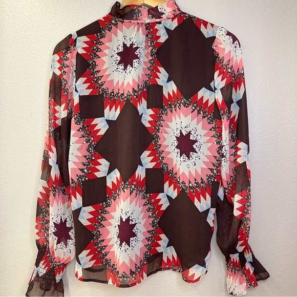 NWT LOFT Garden Smocked Ruffle Tie Neck Blouse Windsor Wine Ruffle Sheer Flowy - Picture 7 of 10